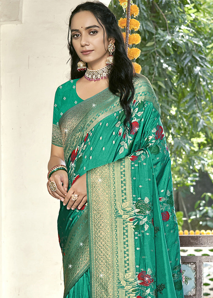 Green Spun Silk Saree With Blouse Piece Cheap Sale Exclusive