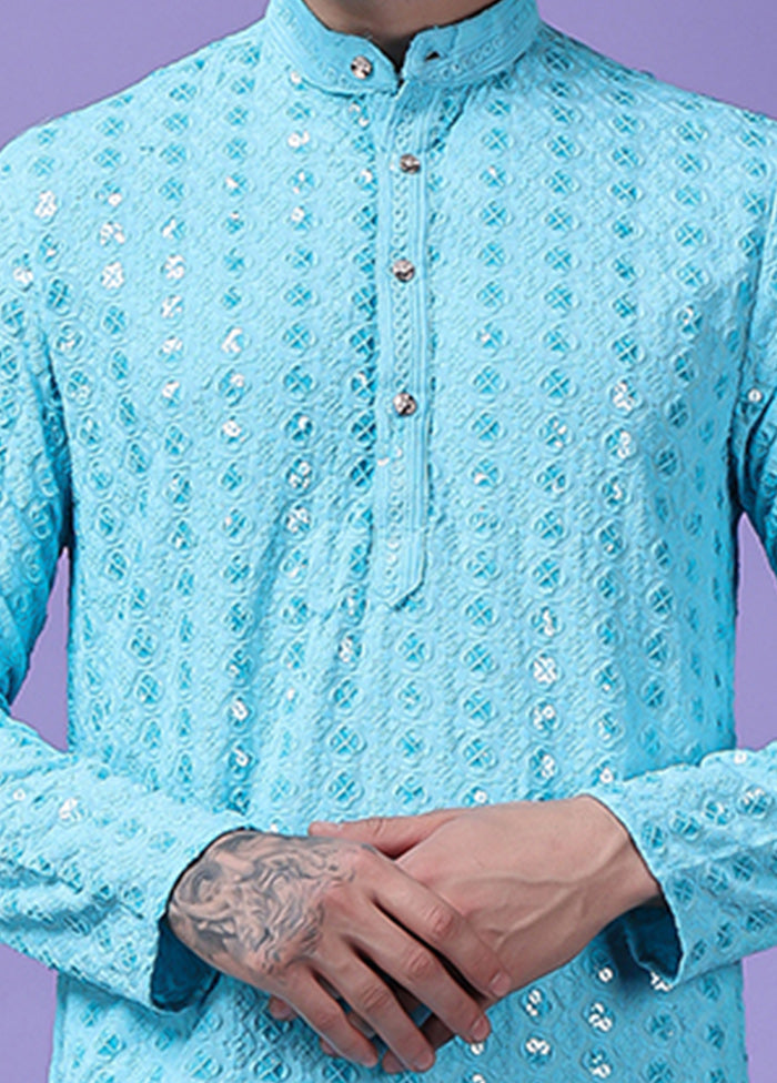 2 Pc Sky Blue Silk Kurta Pajama Set With Mastercard