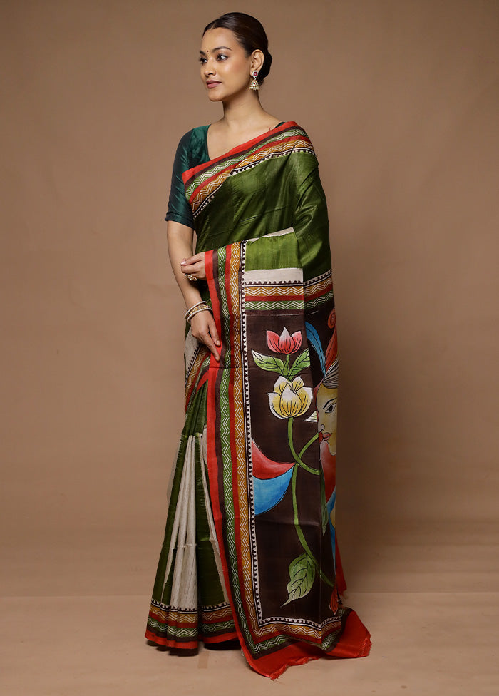 Green Printed Pure Silk Saree Without Blouse Piece Discount For Sale