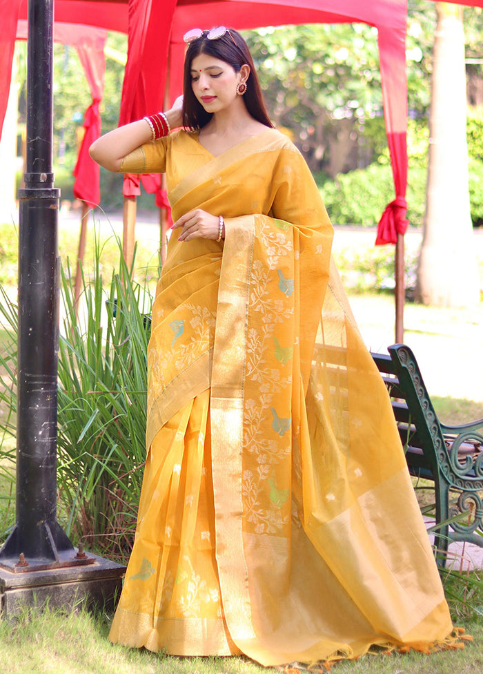 Yellow Linen Silk Saree With Blouse Piece Buy