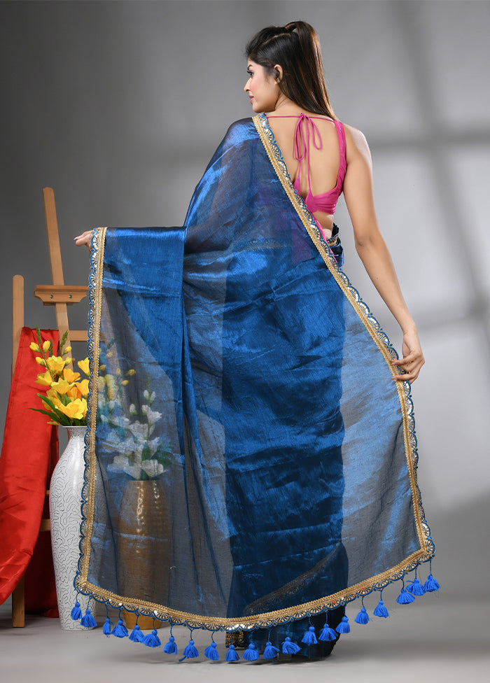 Blue Spun Silk Saree With Blouse Piece Websites For Sale