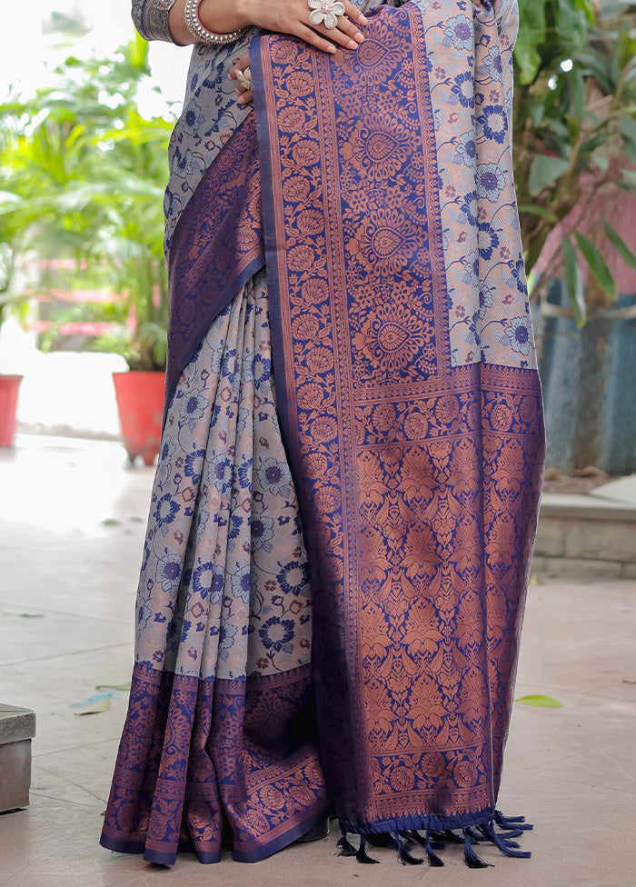 Grey Banarasi Silk Saree With Blouse Piece Sale Latest