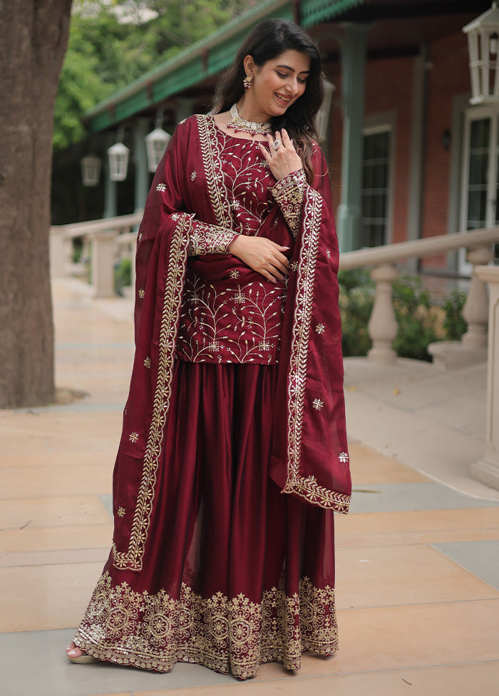 3 Pc Maroon Readymade Silk Suit Set Cheap Discounts