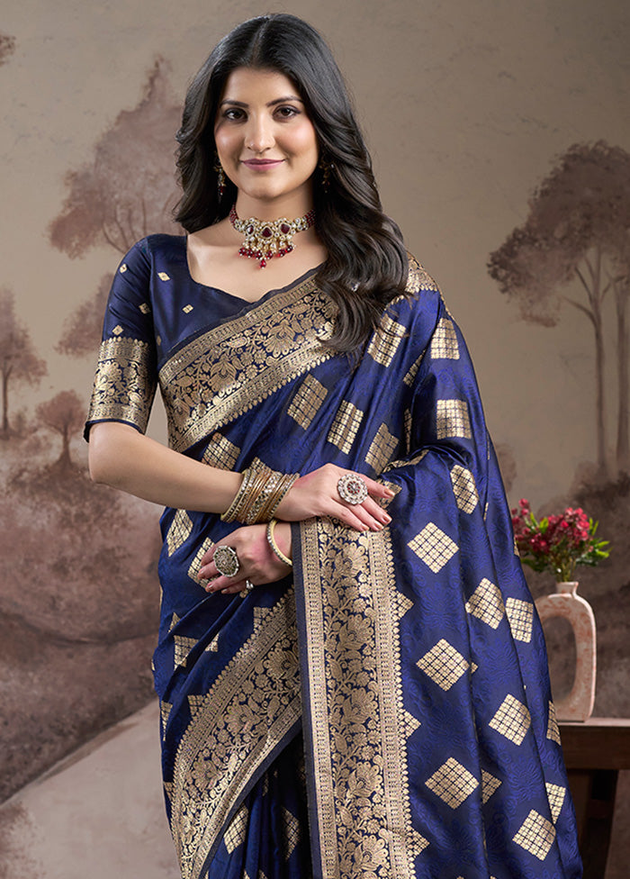 Navy Blue Spun Silk Saree With Blouse Piece Finishline Online