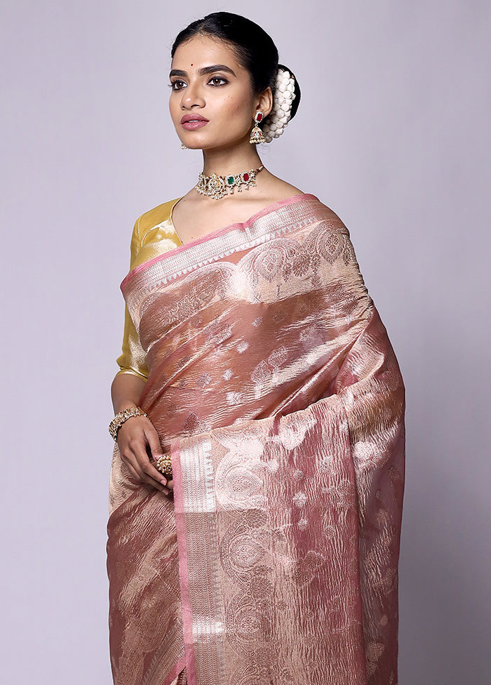 Peach Crushed Tissue Silk Saree With Blouse Piece Outlet Cheap Online