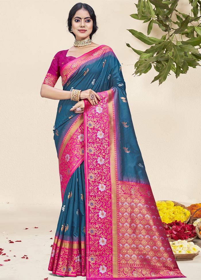 Blue Dupion Silk Saree With Blouse Piece How Much Online