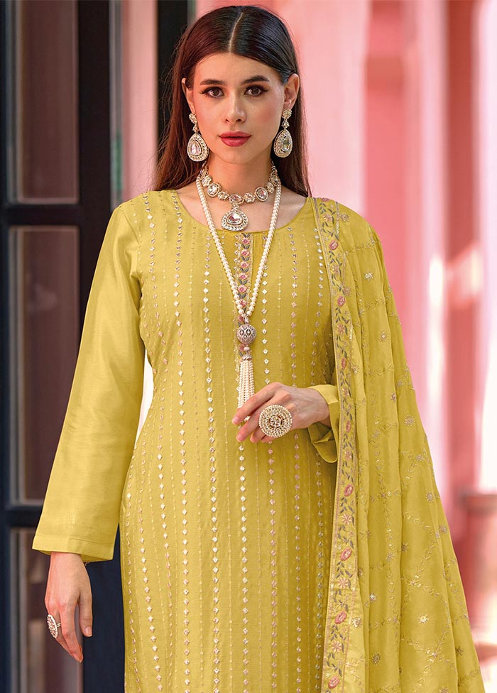 3 Pc Yellow Semi Stitched Georgette Suit Set For Cheap