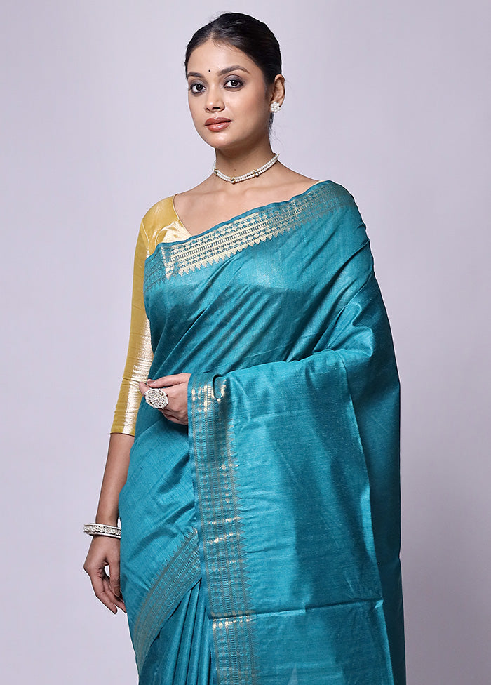 Blue Tussar Silk Saree With Blouse Piece Official Site Sale Online