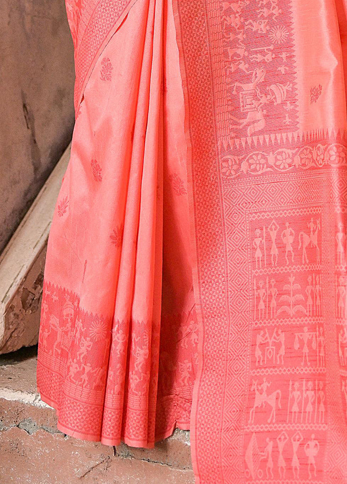 Coral Spun Silk Saree With Blouse Piece Buy Cheap Browse