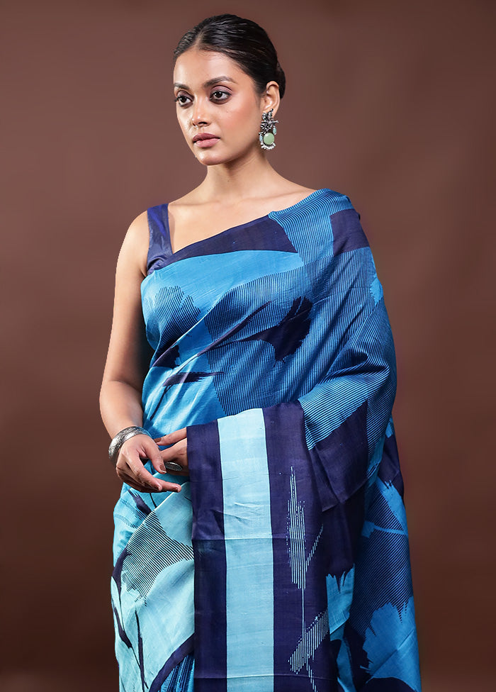 Blue Printed Pure Silk Saree Without Blouse Piece Discount Recommend