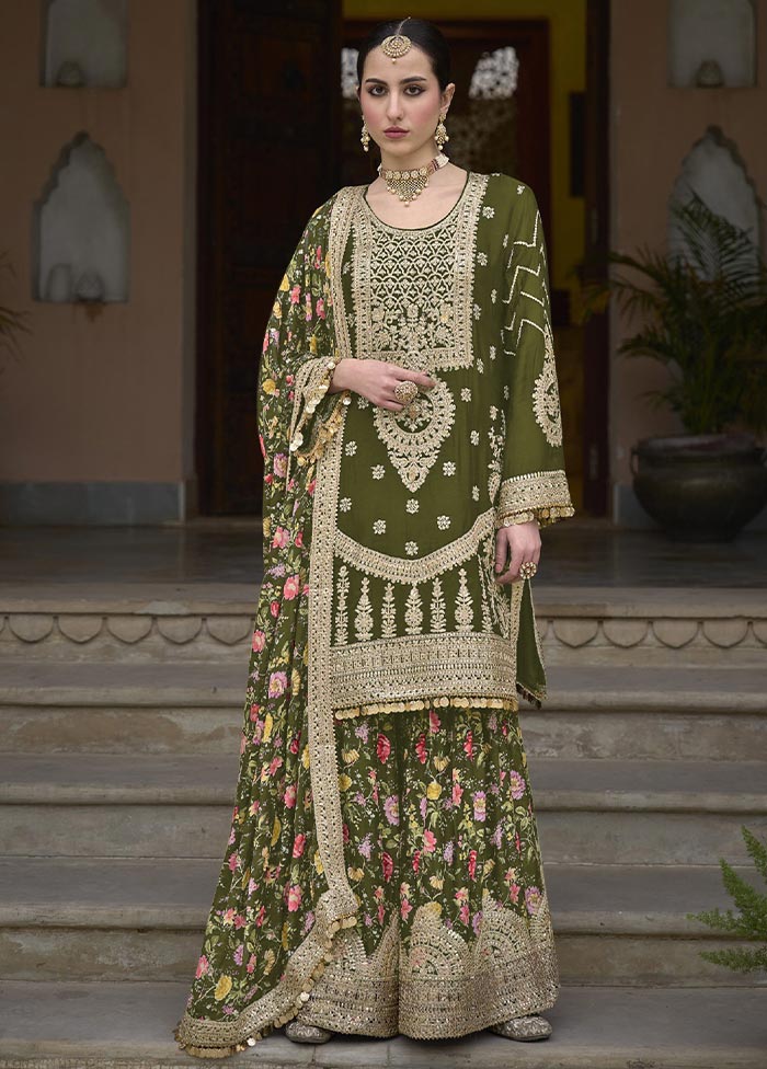 3 Pc Olive Green Semi Stitched Silk Suit Set Good Selling Online