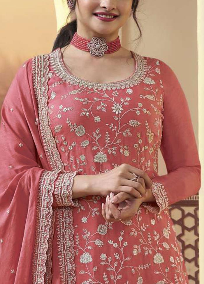 3 Pc Dark Peach Semi Stitched Silk Suit Set Deals Online