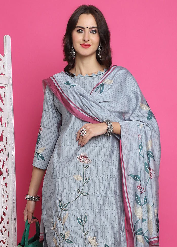 3 Pc Grey Unstitched Silk Suit Set Huge Surprise For Sale