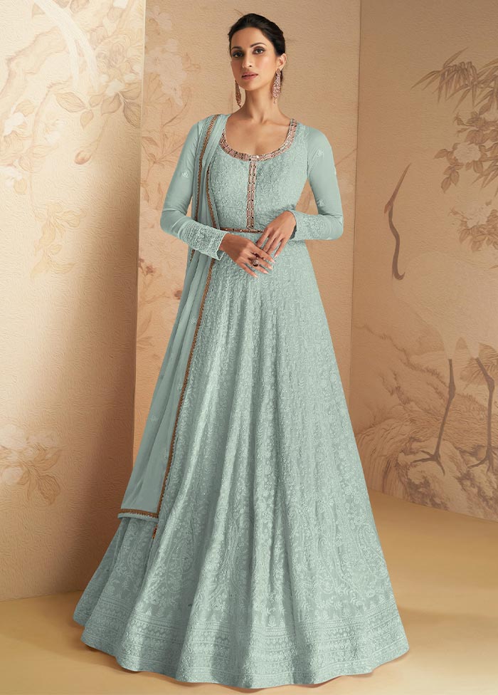 3 Pc Sky Blue Semi Stitched Georgette Suit Set Cheap Amazon