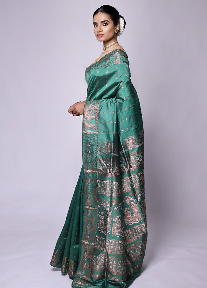 Green Handloom Baluchari Pure Silk Saree With Blouse Piece Free Shipping Get Authentic