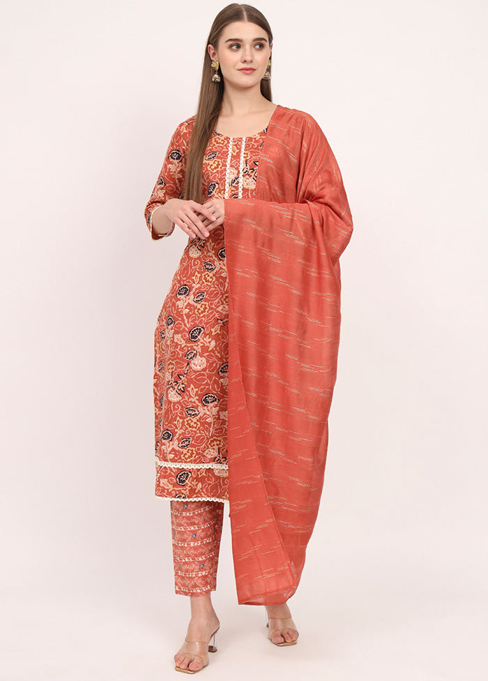 3 Pc Orange Readymade Cotton Dupatta Suit Set Outlet Low Pice