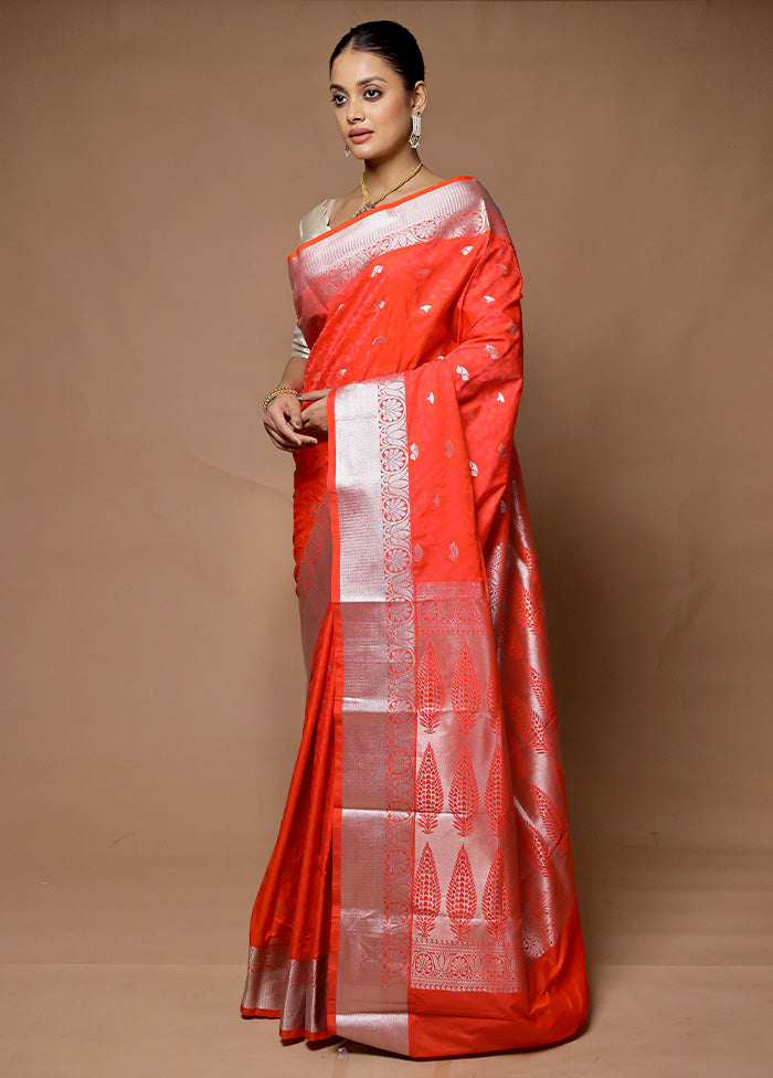 Orange Kanjivaram Silk Saree With Blouse Piece Discounts Sale Online