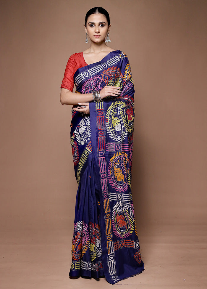 Blue Kantha Stitch Silk Saree With Blouse Piece Outlet Shop