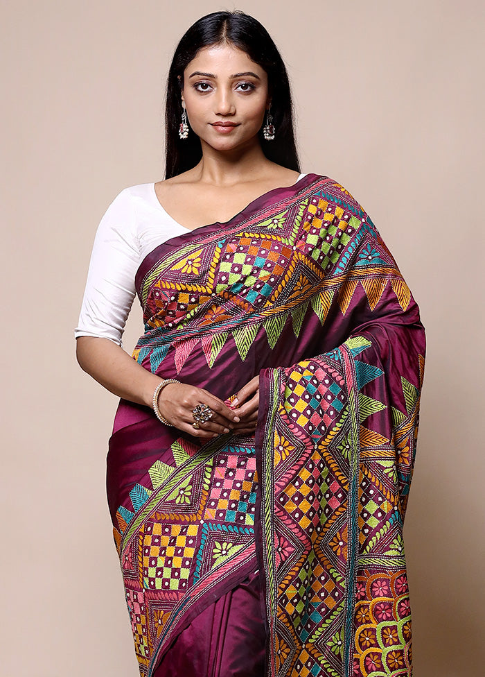 Maroon Kantha Stitch Silk Saree With Blouse Piece Sale 100% Guaranteed