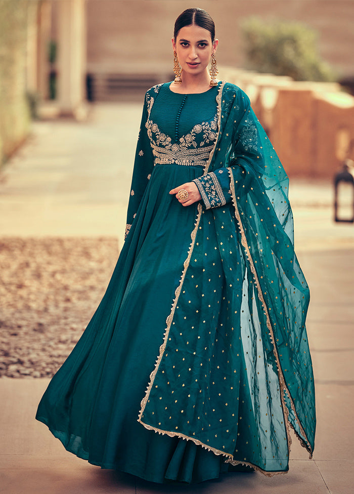 3 Pc Teal Semi Stitched Silk Suit Set Cheap Sale Cheapest