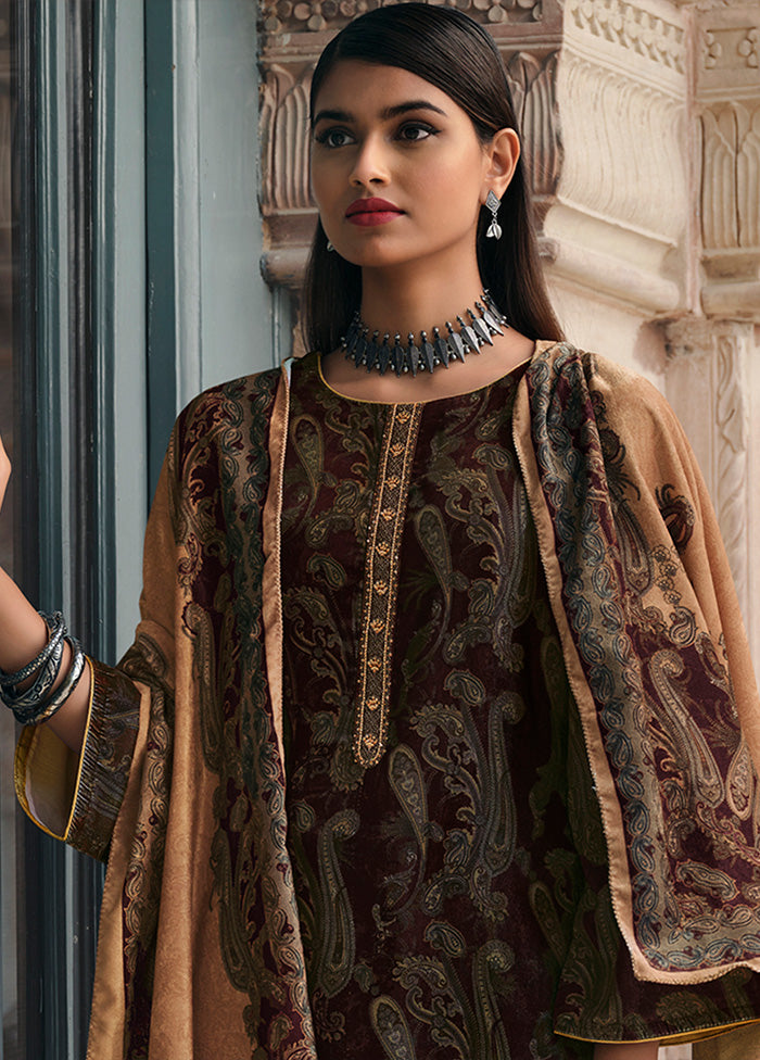 3 Pc Brown Unstitched Silk Suit Set For Sale Free Shipping