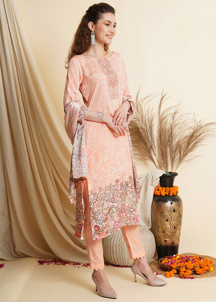 3 Pc Peach Unstitched Silk Suit Set Order Cheap Pice