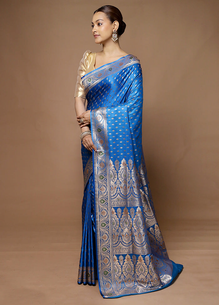 Blue Banarasi Silk Saree With Blouse Piece Cheap Sale Reliable