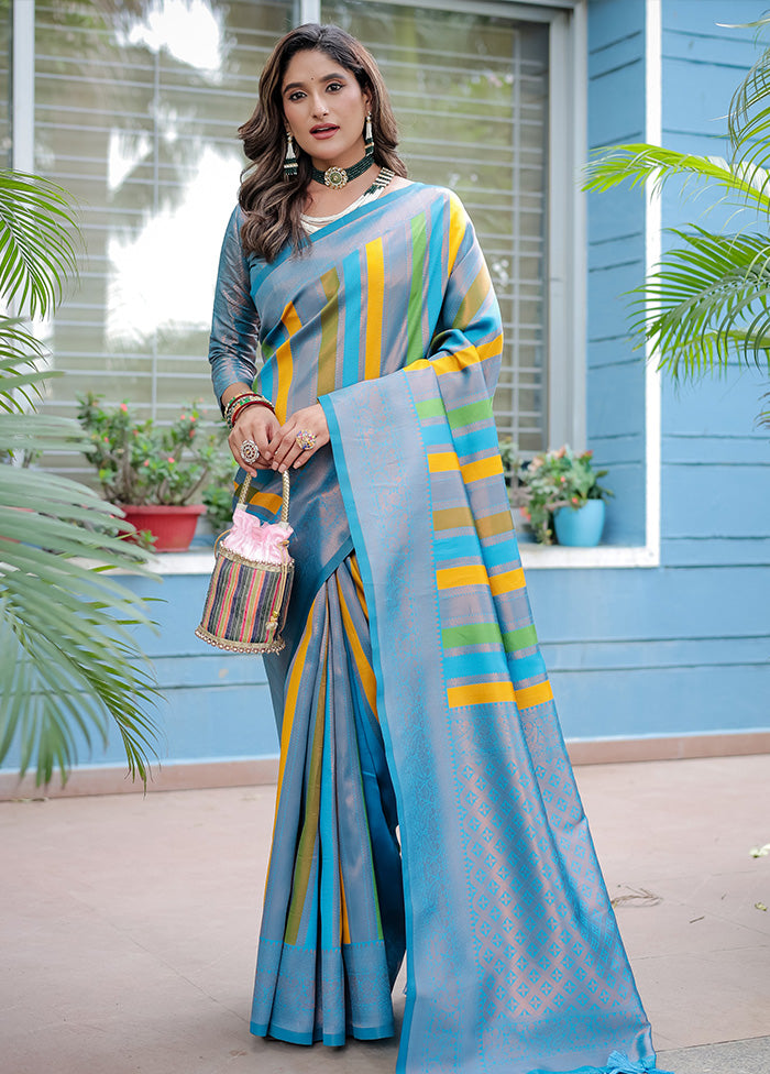 Sky Blue Kanjivaram Silk Saree With Blouse Piece Clearance Explore