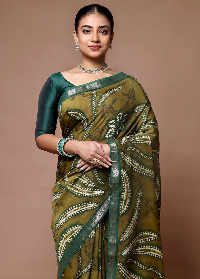 Green Chanderi Cotton Saree With Blouse Piece In China