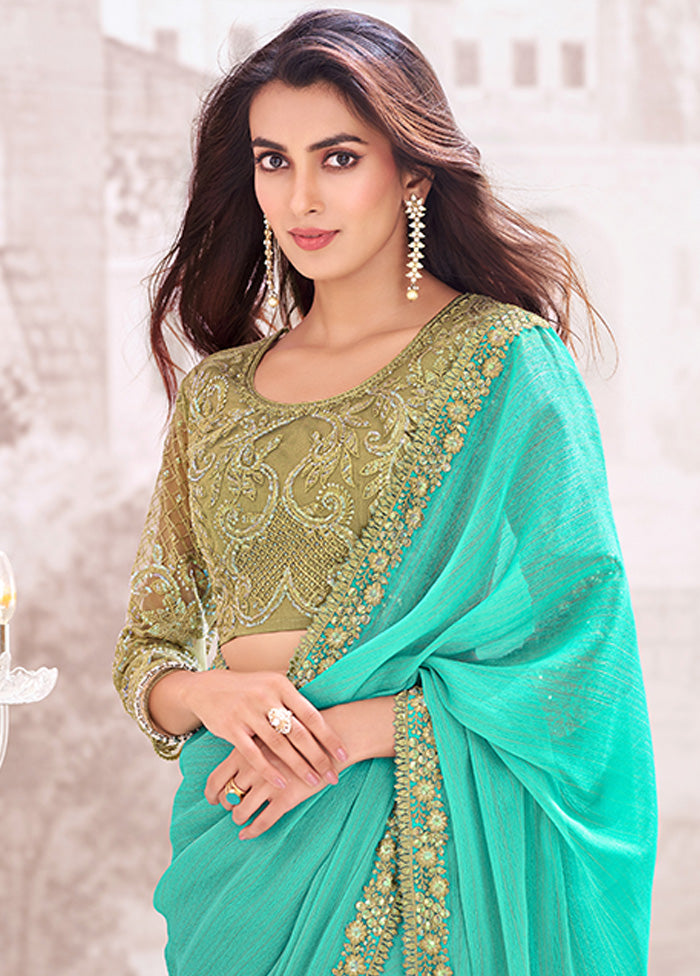 Turquoise Georgette Saree With Blouse Piece Clearance Supply