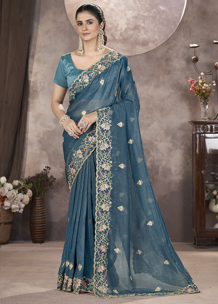 Blue Spun Silk Saree With Blouse Piece Supply Sale Online