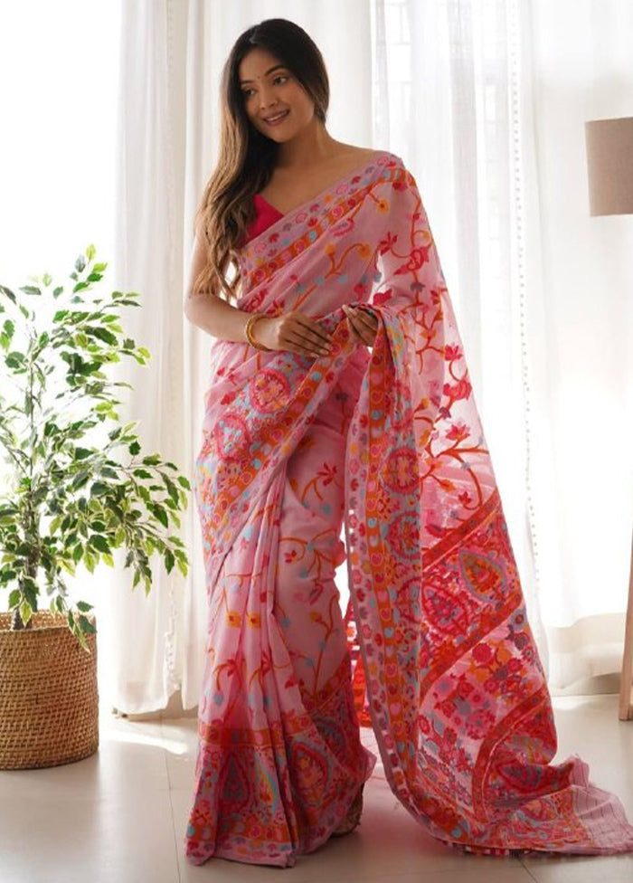 Pink Banarasi Silk Saree With Blouse Piece Discount Fashion Style