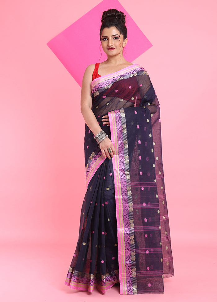 Navy Blue Cotton Woven Work Saree Without Blouse Piece Footlocker Finishline Sale Online