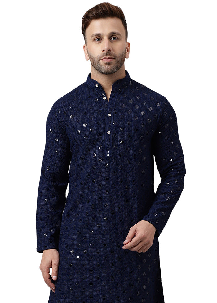 Navy Blue Silk Embroidered Kurta Discount Best