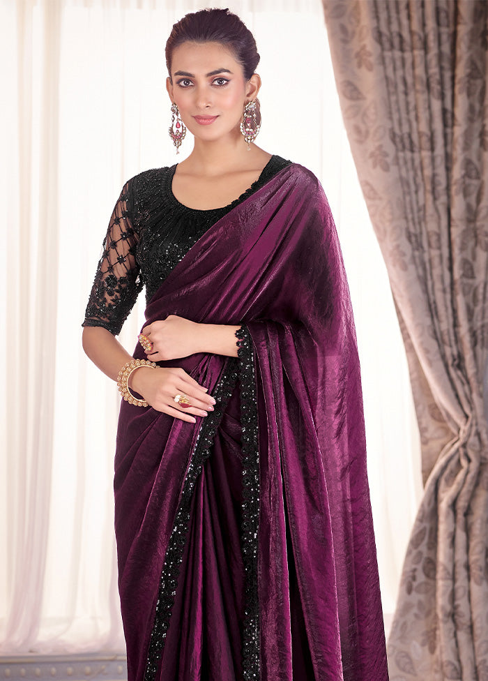 Wine Satin Silk Saree With Blouse Piece Free Shipping Original