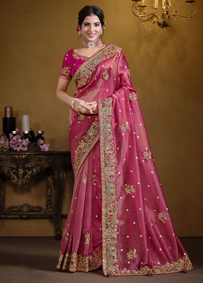 Pink Organza Saree With Blouse Piece Wiki Sale Online