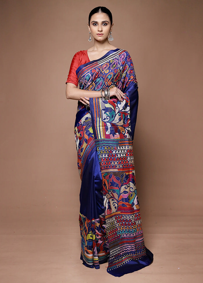 Blue Handloom Kantha Stitch Pure Silk Saree With Blouse Piece In China Online