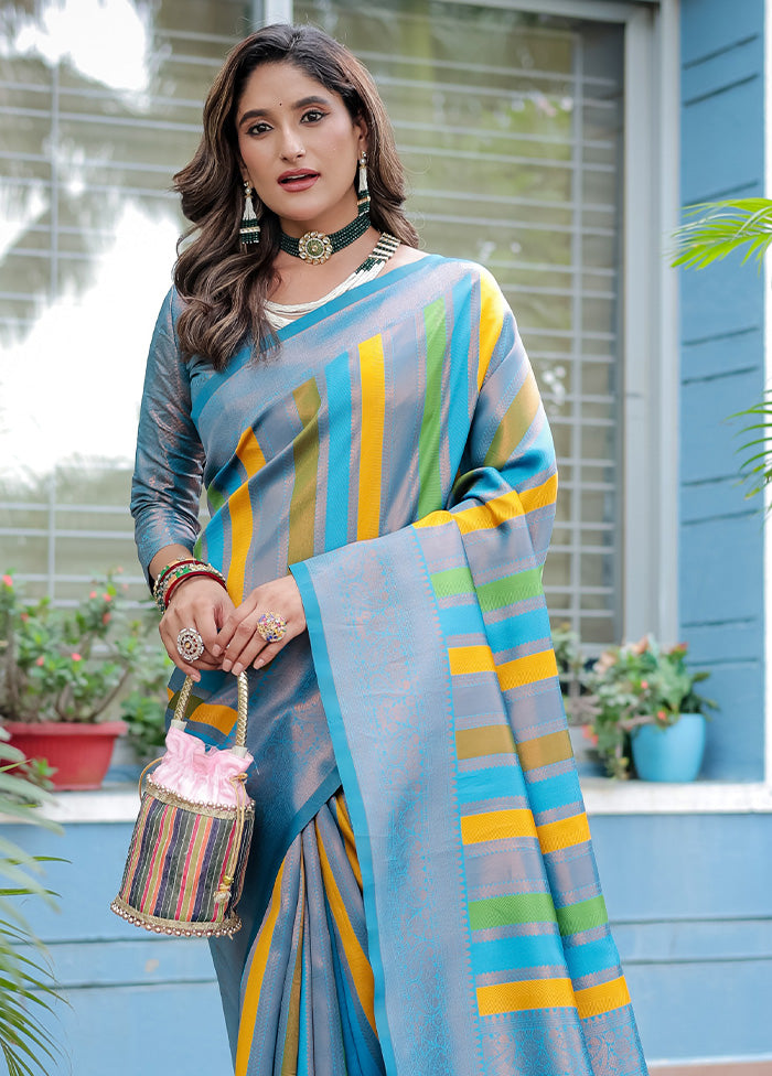 Sky Blue Kanjivaram Silk Saree With Blouse Piece Clearance Explore