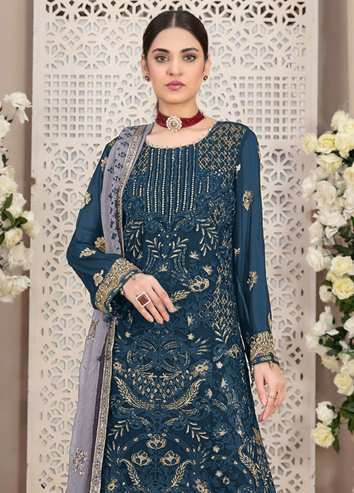 3 Pc Teal Semi Stitched Georgette Suit Set Finishline Online