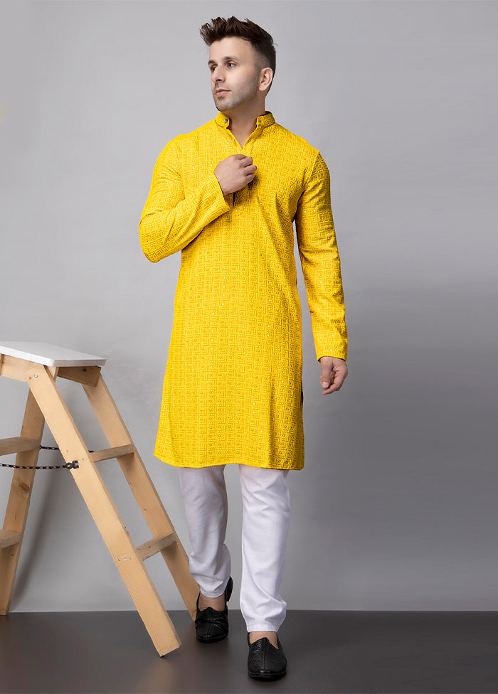 2 Pc Yellow Viscose Kurta Pajama Set 2025 Unisex Cheap Pice