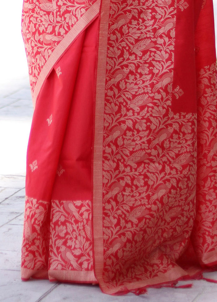 Red Spun Silk Saree With Blouse Piece Cheap Sale Big Sale