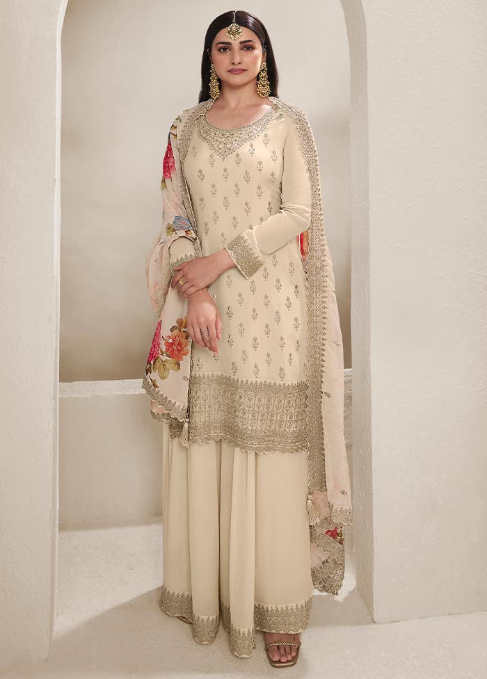 3 Pc Cream Semi Stitched Viscose Suit Set Pay With Paypal Online