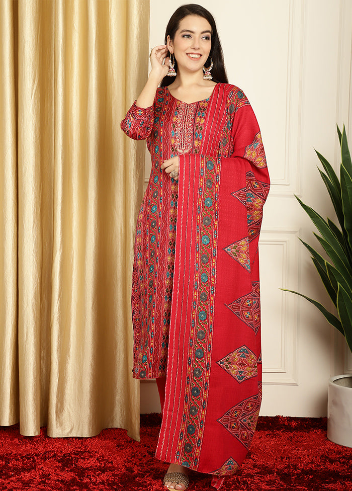 3 Pc Red Unstitched Pashmina Suit Set Free Shipping Popular