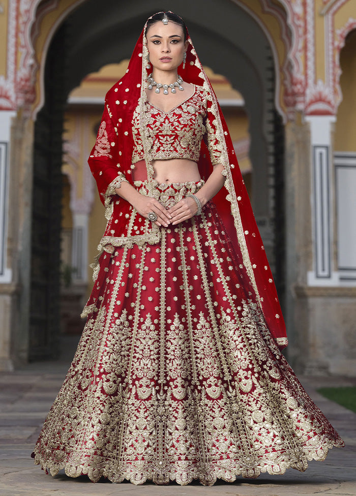 3 Pc Red Net Semi Stitched Lehenga Set Inexpensive For Sale