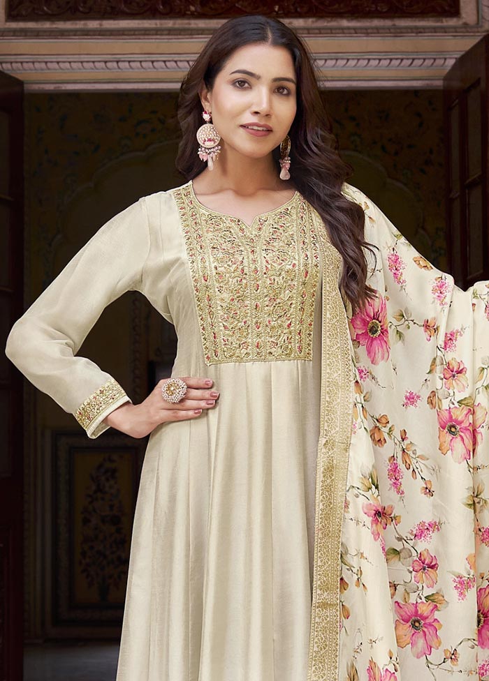 3 Pc Cream Semi Stitched Silk Suit Set Outlet Release Dates