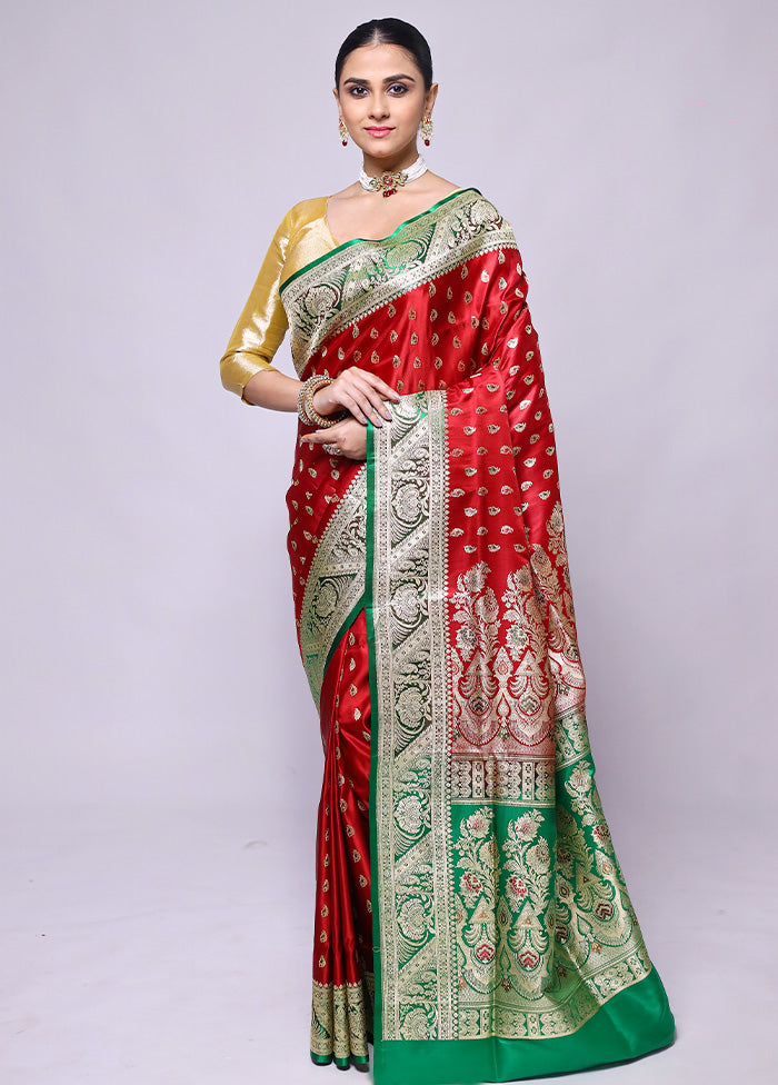 Red Handloom Banarasi Pure Silk Saree With Blouse Piece Fast Delivery Sale Online