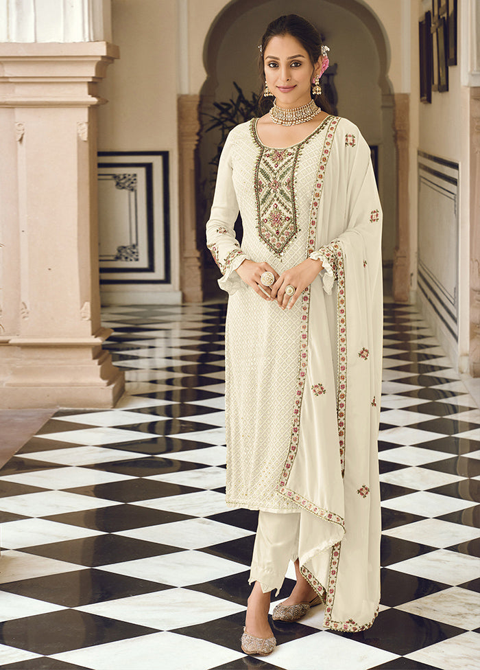 3 Pc Cream Semi Stitched Georgette Suit Set Choice Online