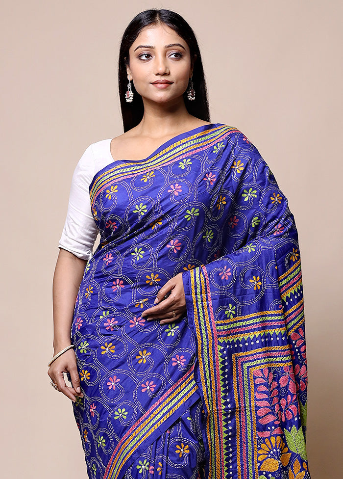 Blue Kantha Stitch Silk Saree With Blouse Piece Online Shop From China