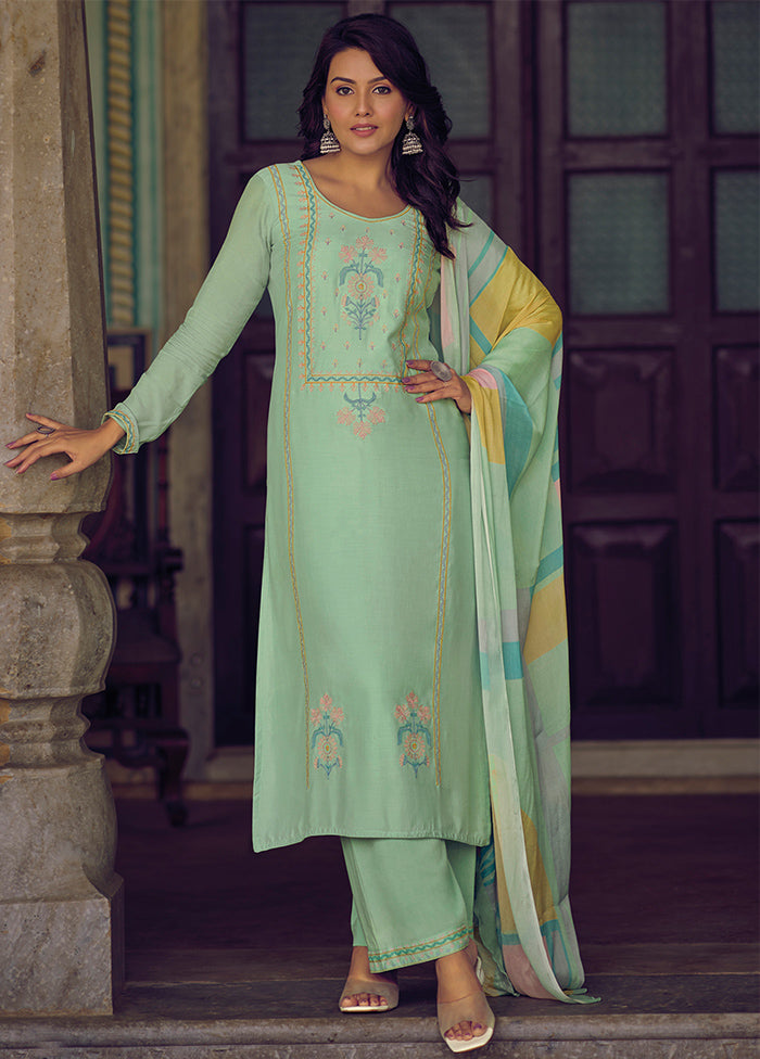 3 Pc Green Unstitched Silk Suit Set Low Pice Fee Shipping For Sale