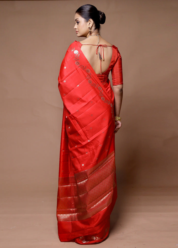 Red Handloom Dupion Pure Silk Saree With Blouse Piece Discount Purchase